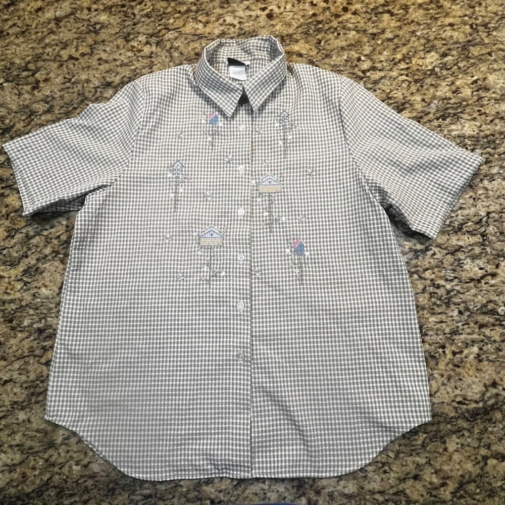 BonWorth Womens Gingham Birdhouse Embroidered Button Up Shirt Taupe White Medium